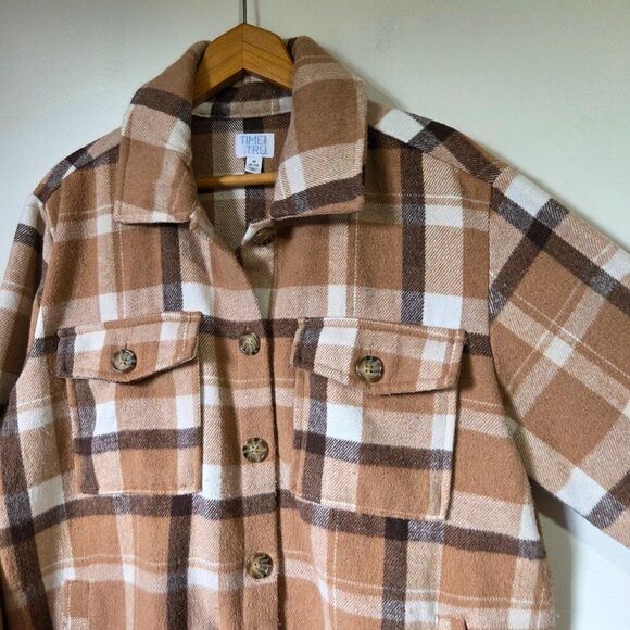 EUC TIME AND TRU PLAID BROWN MIX LONG SHACKET HEAVY SIZE M 8-10 - Picture 4 of 16